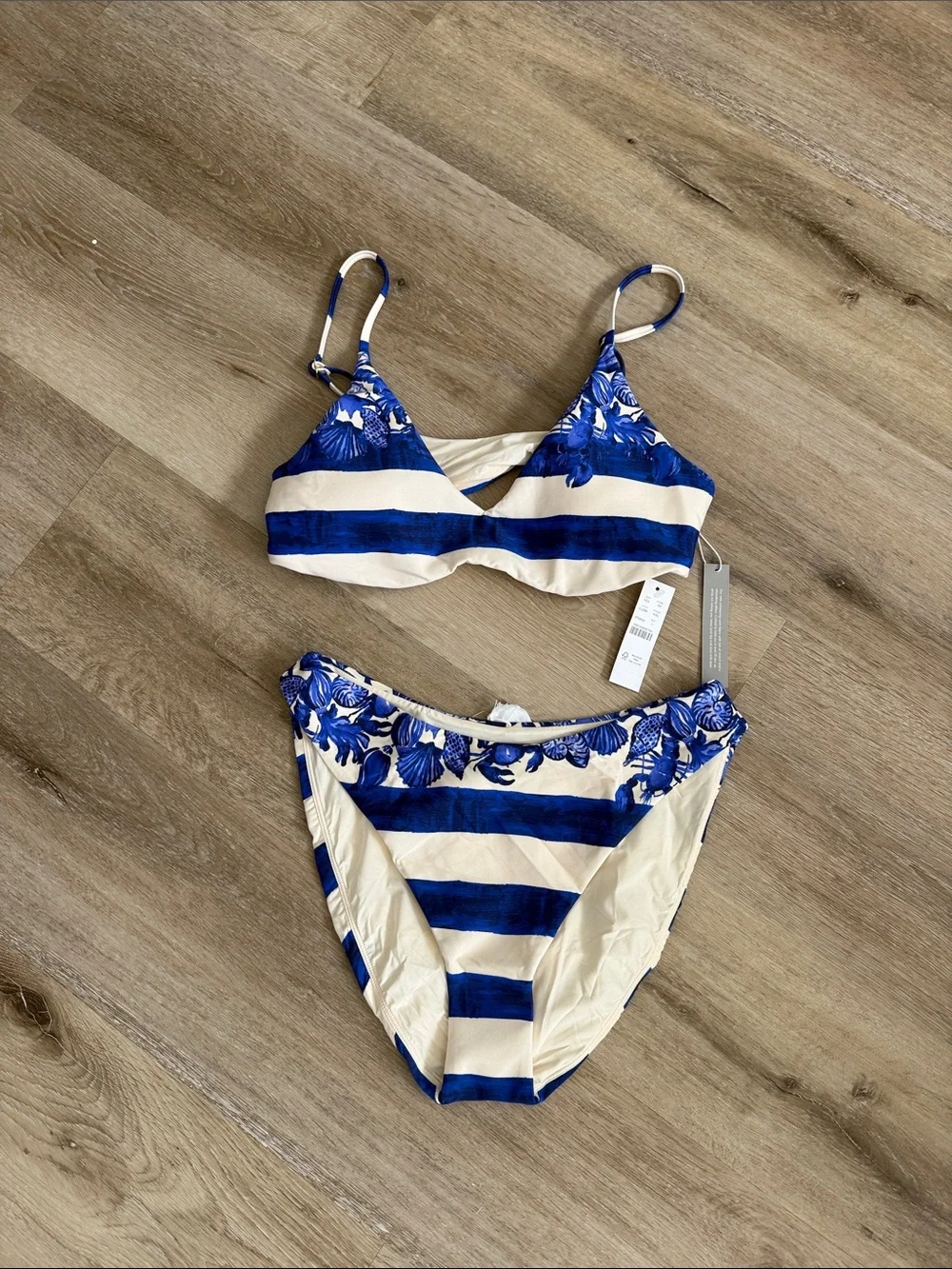 J. Crew Blue and White Striped Floral Bikini Two-Piece
